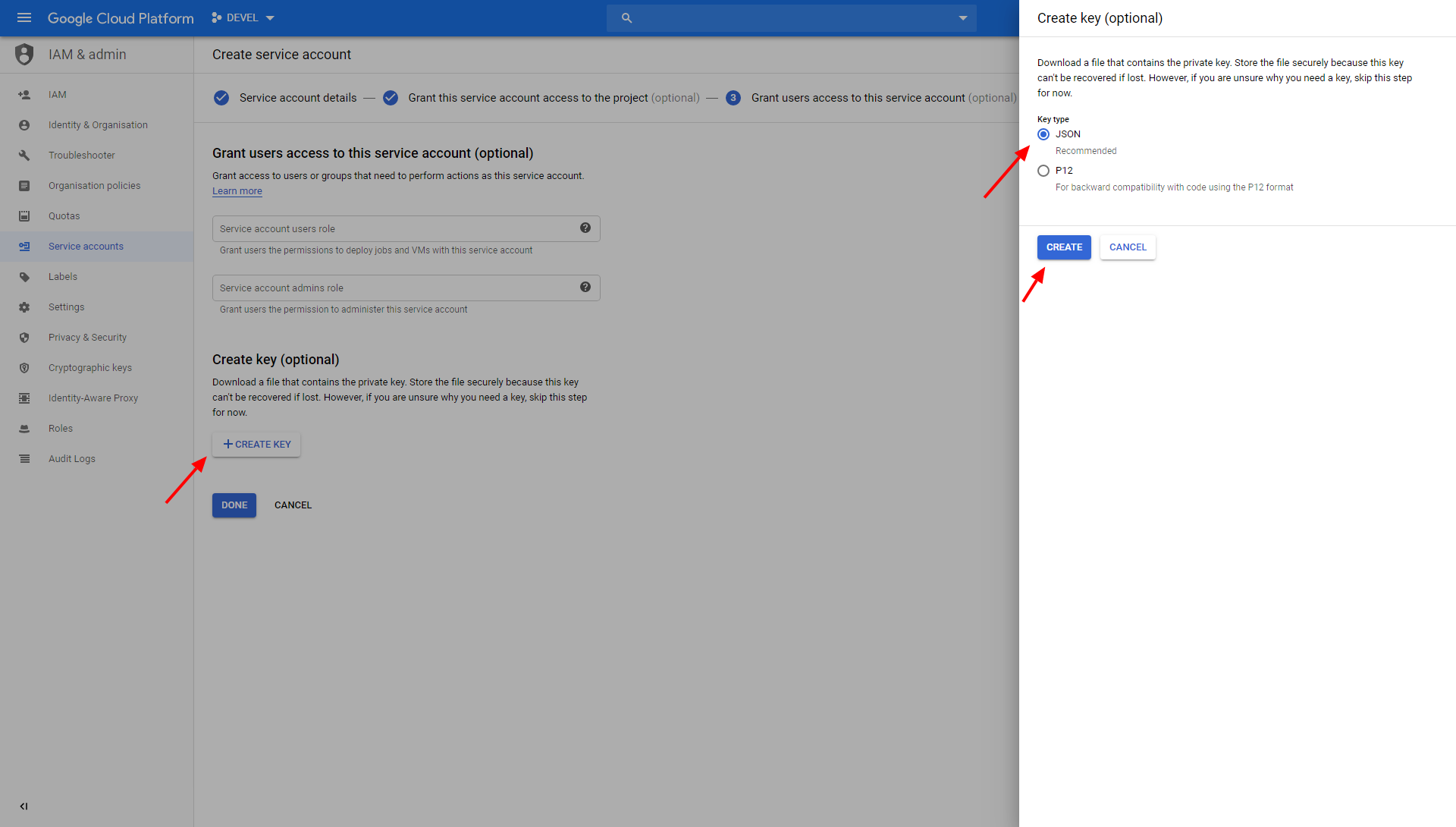 Screenshot - Google Service Account Download