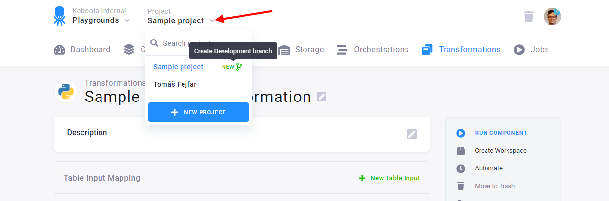 Screenshot - Create Development Branch